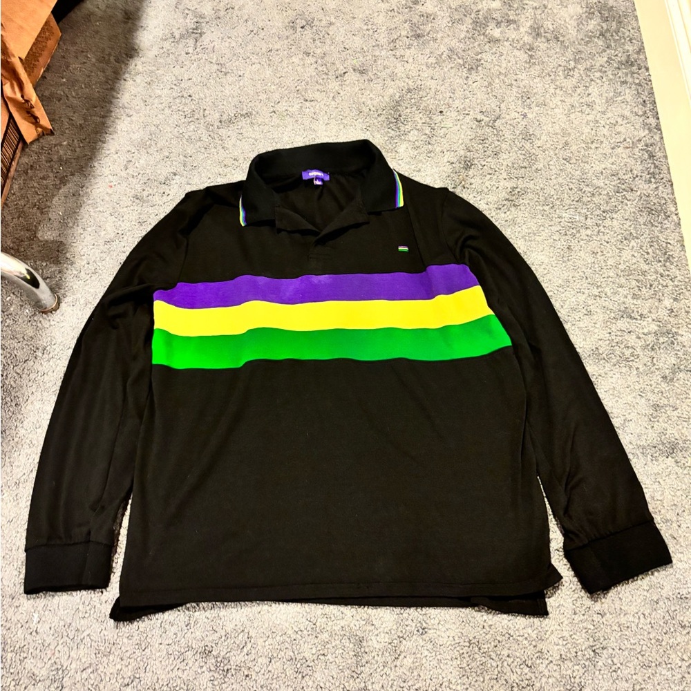 Black Polo Shirt with Purple, Green, and Yellow Stripes